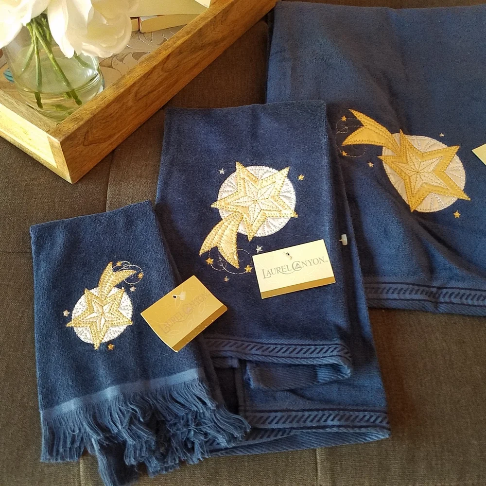 Laurel Canyon Bathworks Celestial Navy Blue Sun Moon Stars 3-pc Towel Set NWT